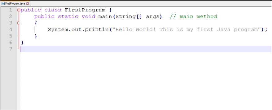 This image describes the code for the first java program called as hello world.